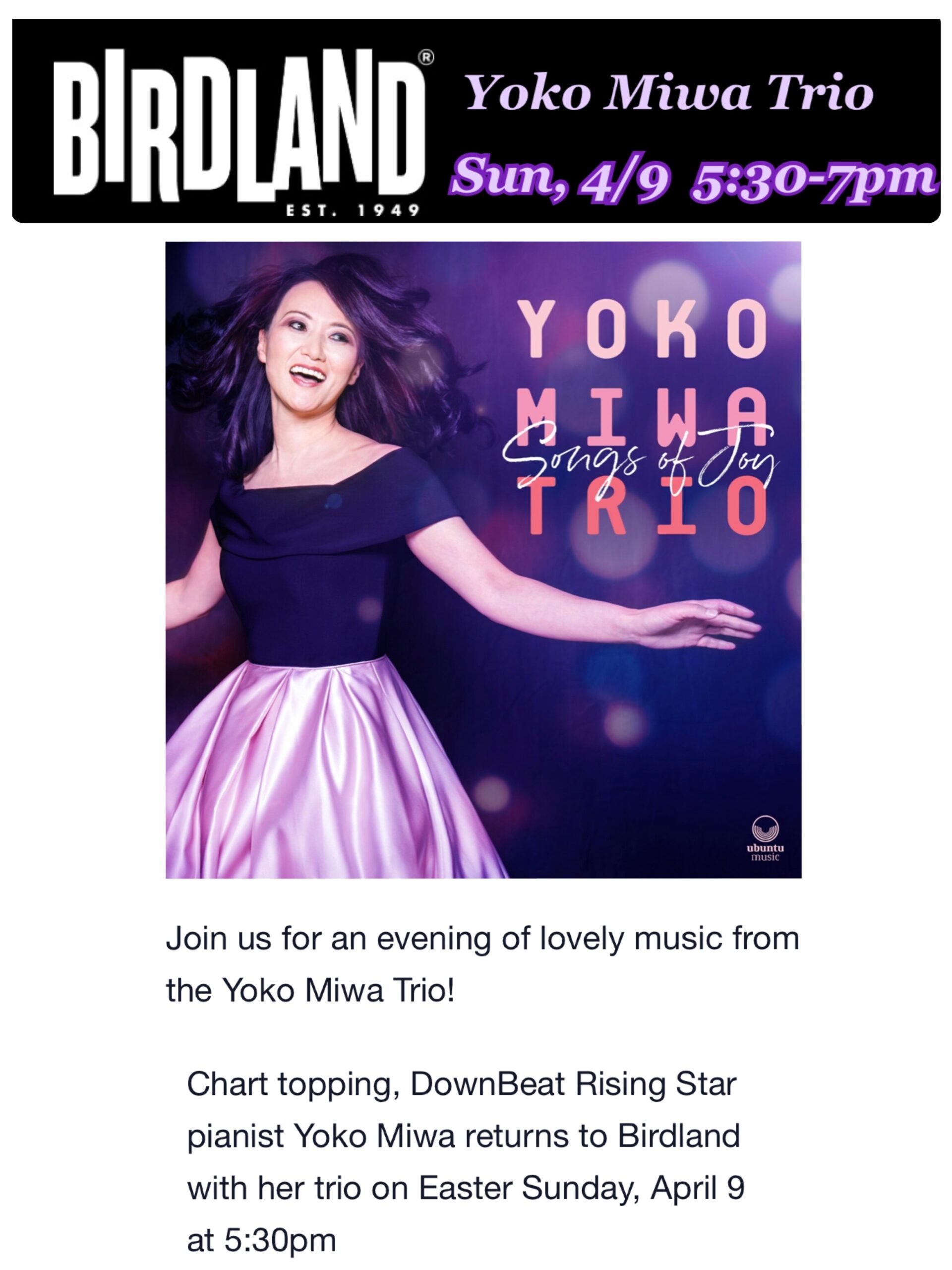 The Yoko Miwa Trio playing at Birdland in New York City Sunday April 9, 2023. One set at 5:30pm
