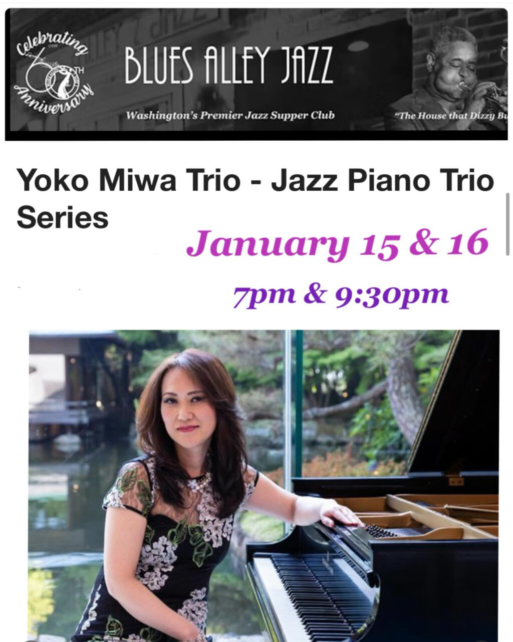 Yoko Miwa Trio at Blues Alley January 15-16